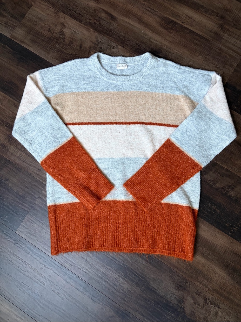Hem & Thread Striped Crewneck Sweater in Light Gray, Cream & Rust
